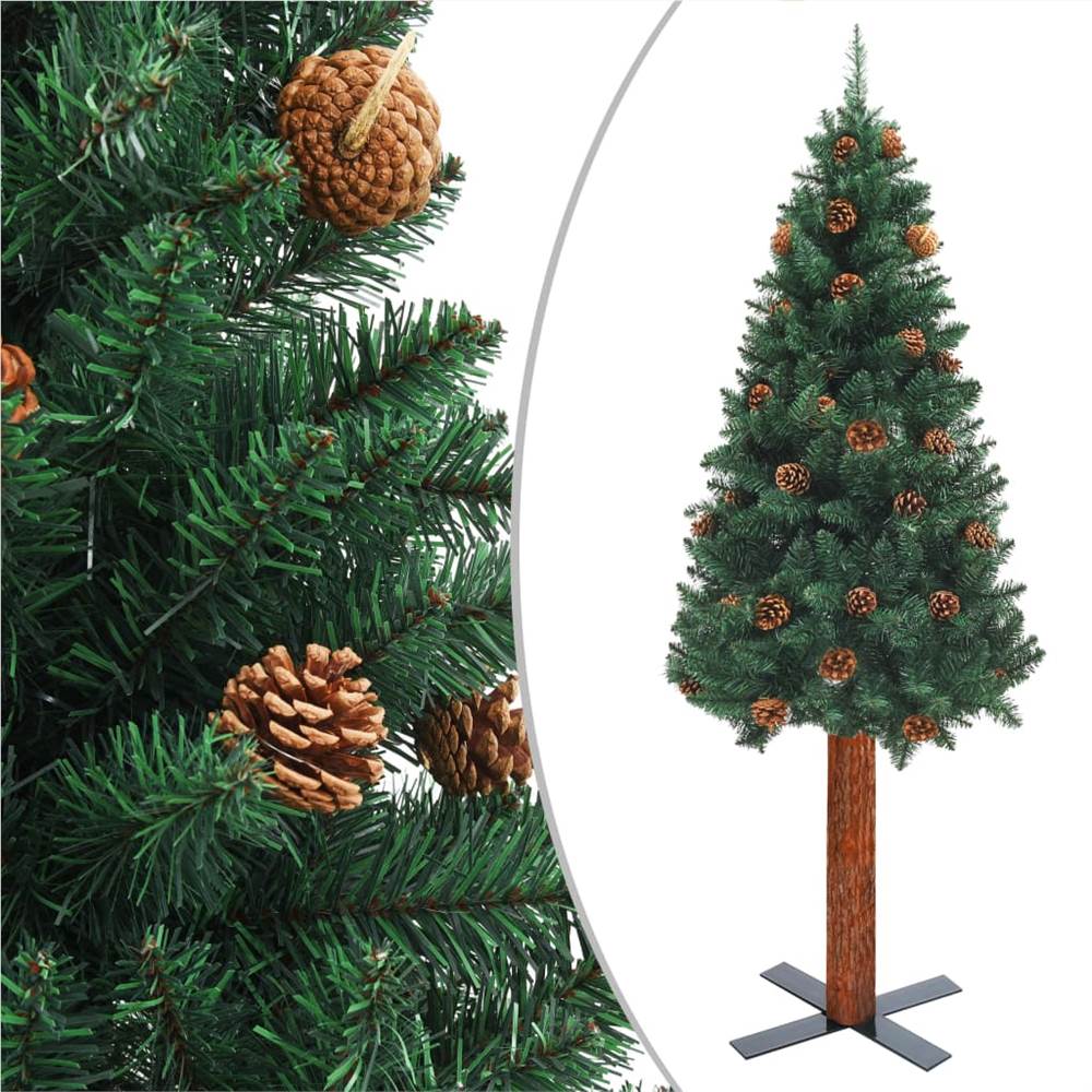 Albero di Natale Slim con Vero Legno e Coni Verde 180 cm PVC