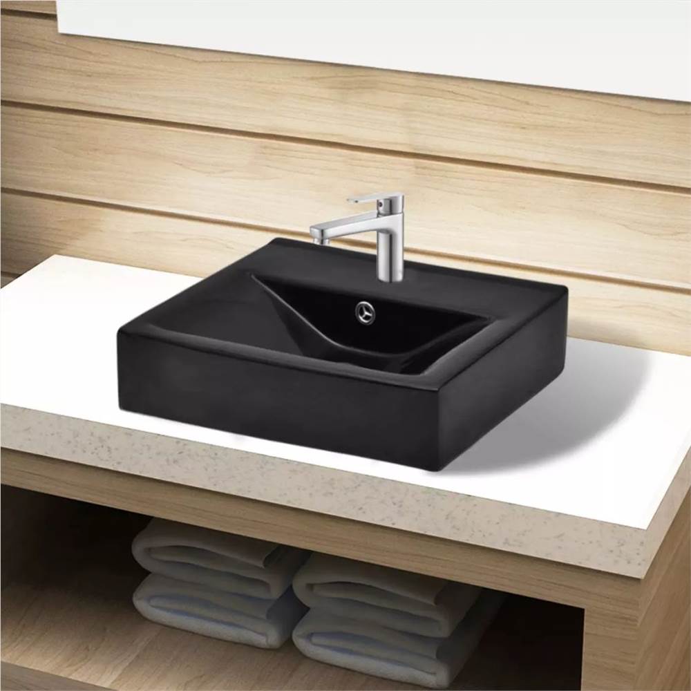 Ceramic Bathroom Sink Basin Faucet/Overflow Hole Black Rectangular