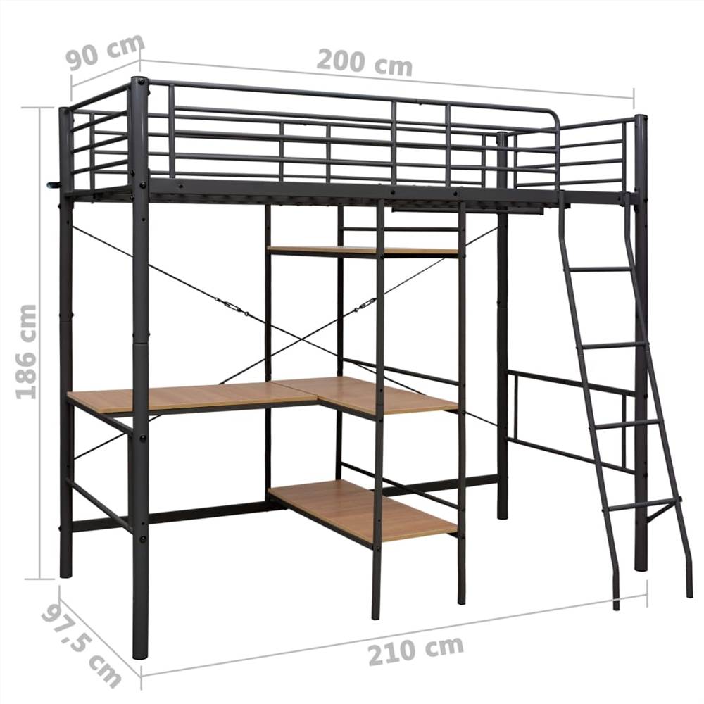 Bunk Bed with Table Frame Grey Metal 90x200 cm