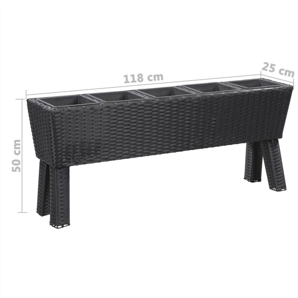 Garden Raised Bed with Legs and 5 Pots 118x25x50 cm Poly Rattan Black