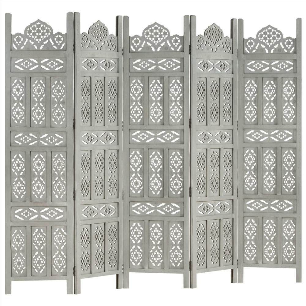 Hand carved 5-Panel Room Divider Grey 200x165 cm Solid Mango Wood