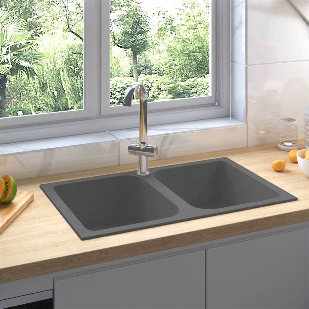 Kitchen Sink with Overflow Hole Double Basins Grey Granite