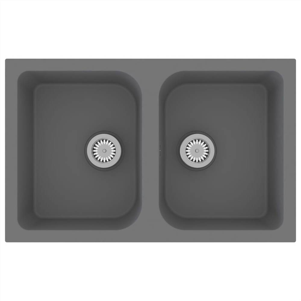 Kitchen Sink with Overflow Hole Double Basins Grey Granite