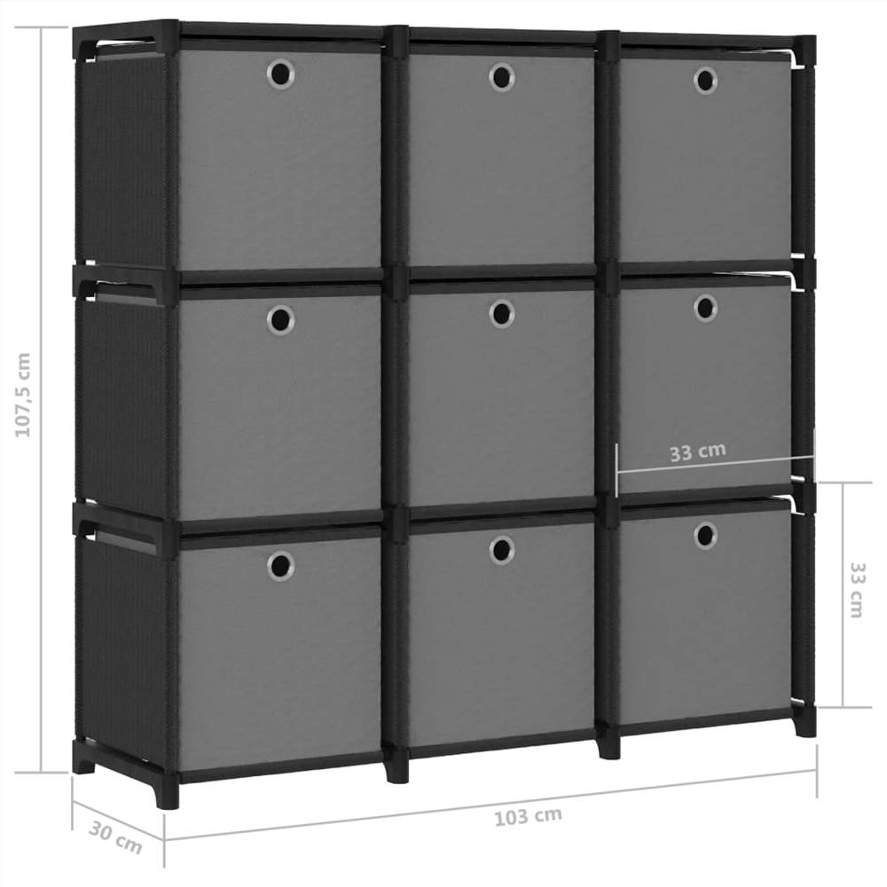 9-Cube Display Shelf with Boxes Black 103x30x107.5 cm Fabric