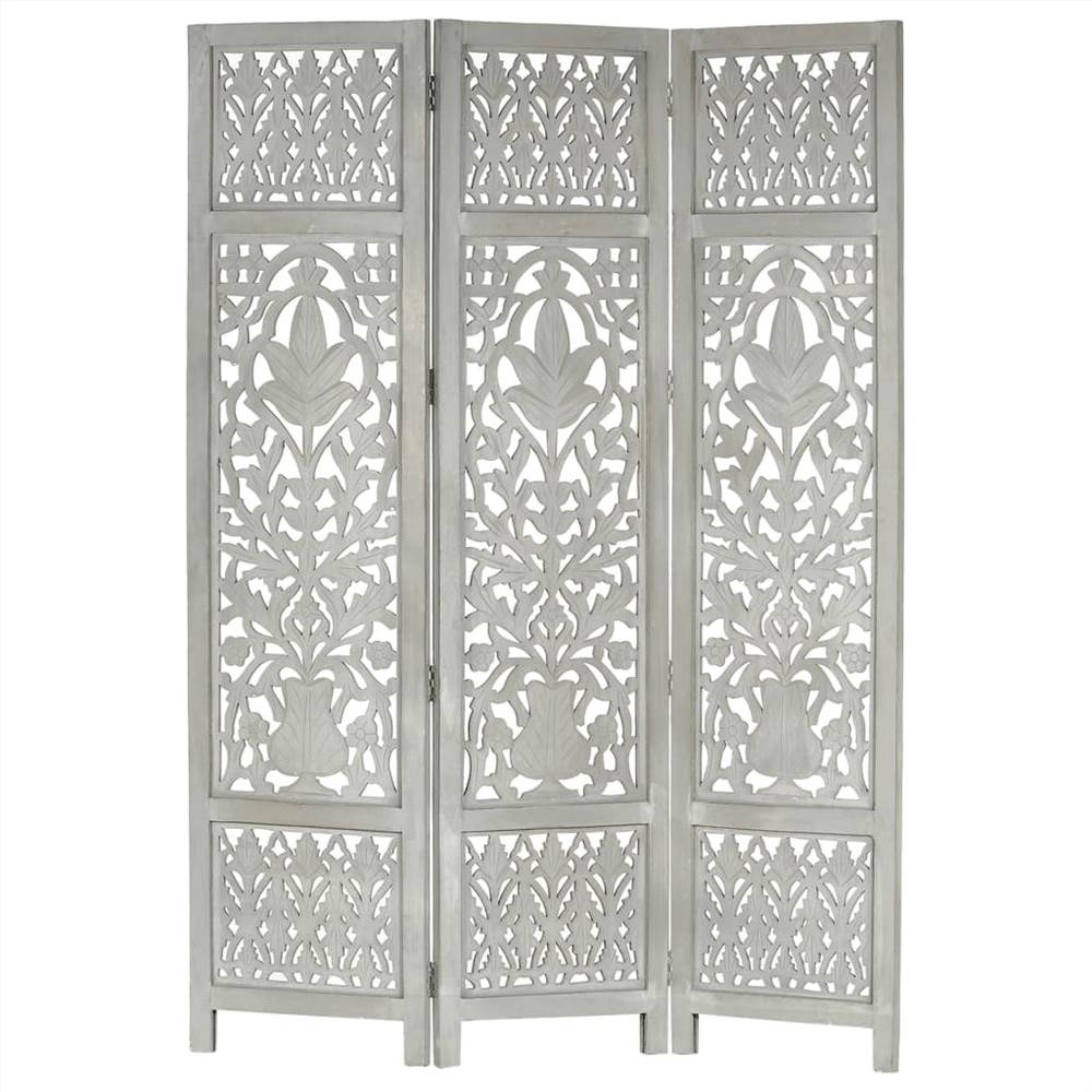 Hand Carved 3-Panel Room Divider Grey 120x165 cm Solid Mango Wood