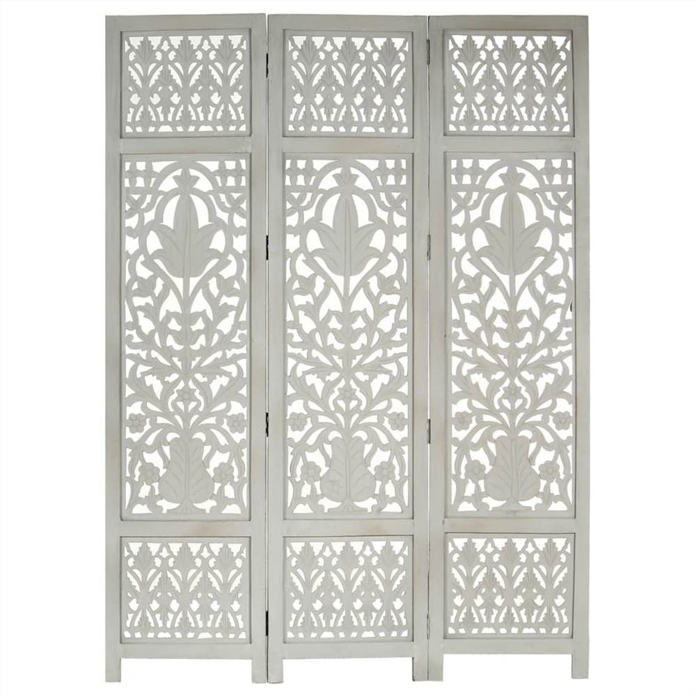Hand Carved 3-Panel Room Divider Grey 120x165 cm Solid Mango Wood
