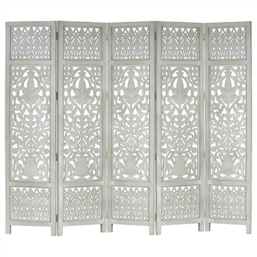 Hand Carved 5-Panel Room Divider Grey 200x165 cm Solid Mango Wood