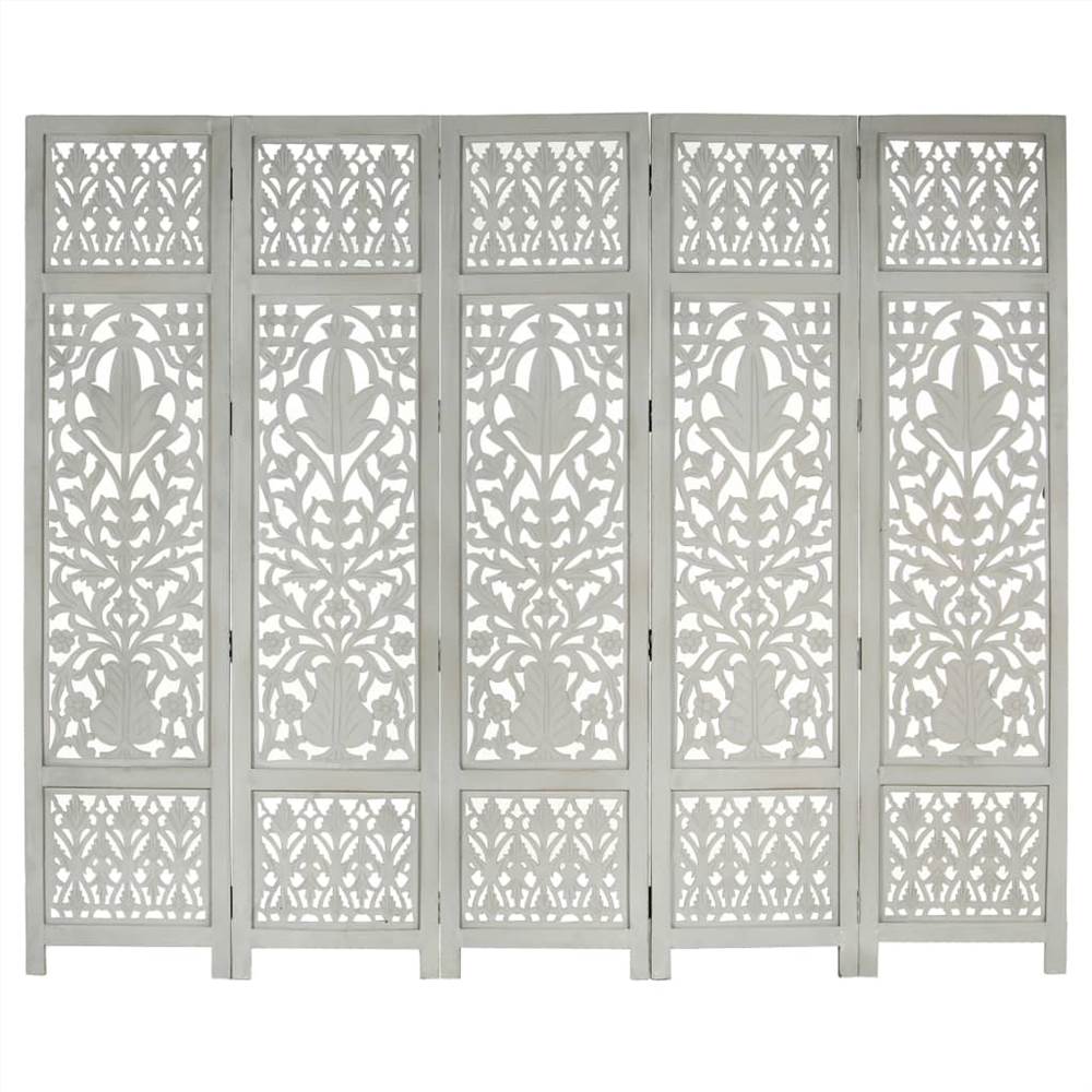 Hand Carved 5-Panel Room Divider Grey 200x165 cm Solid Mango Wood