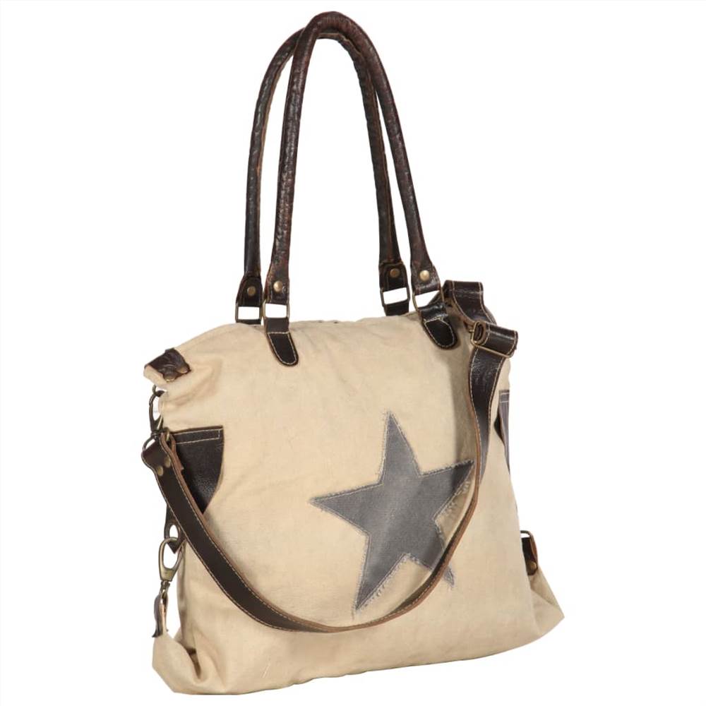 Shopper Bag Beige 41x63 cm Canvas and Real Leather