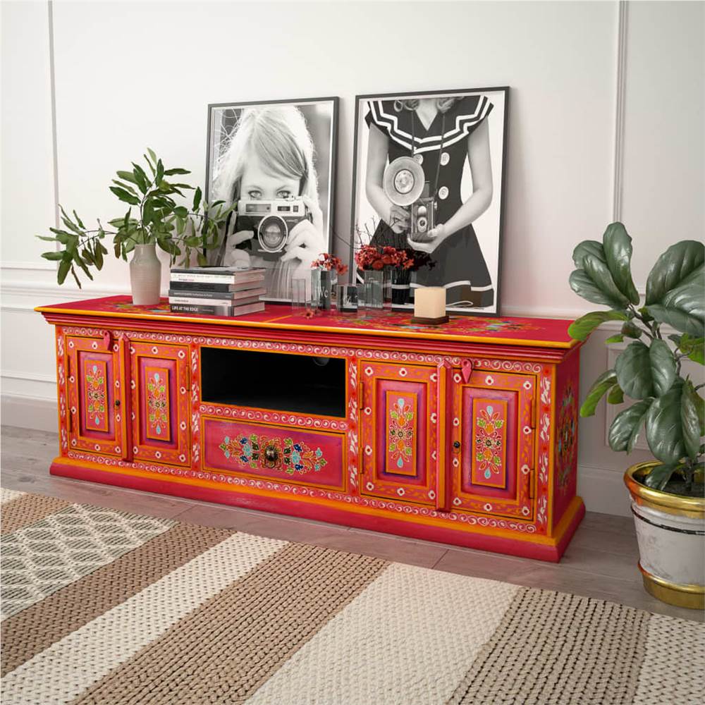 TV Cabinet Solid Mango Wood Pink Hand Painted