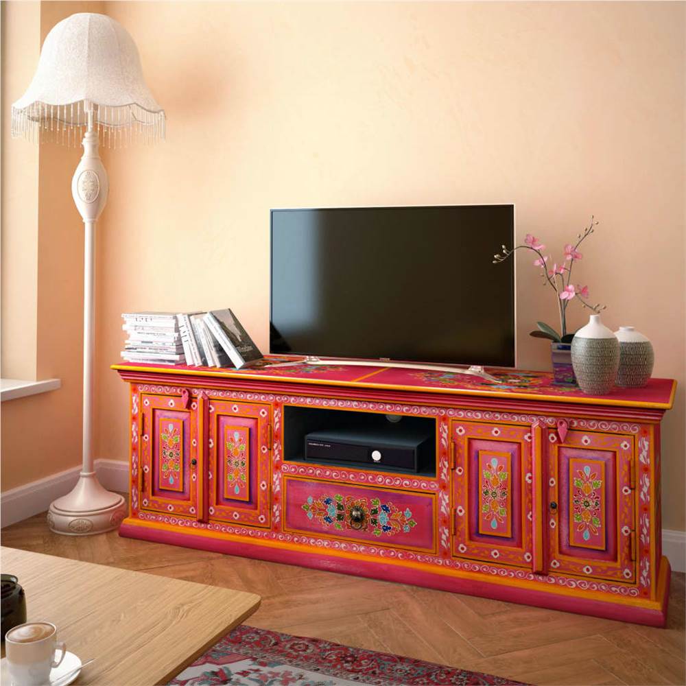 TV Cabinet Solid Mango Wood Pink Hand Painted
