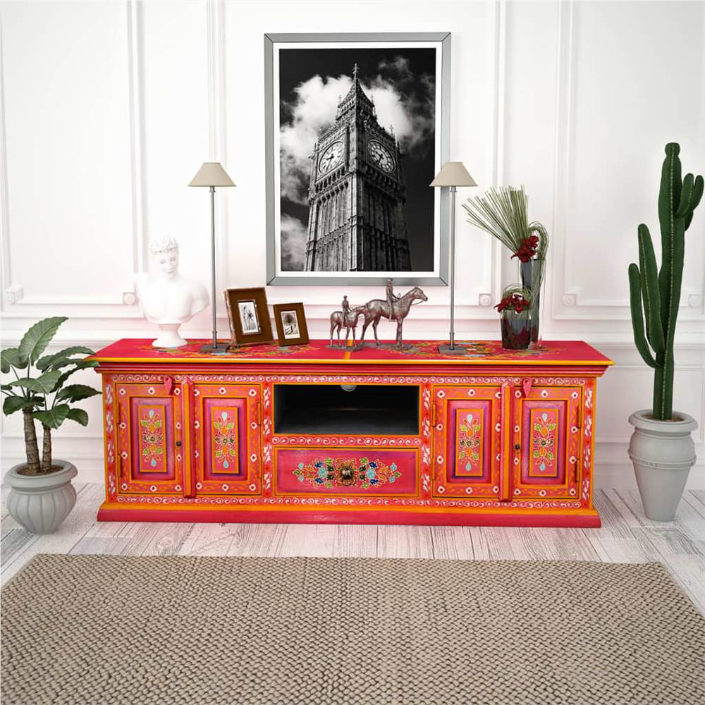 TV Cabinet Solid Mango Wood Pink Hand Painted
