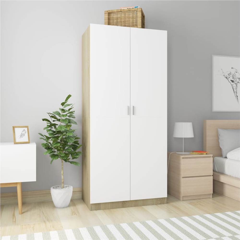 

Wardrobe White and Sonoma Oak 90x52x200 cm Chipboard