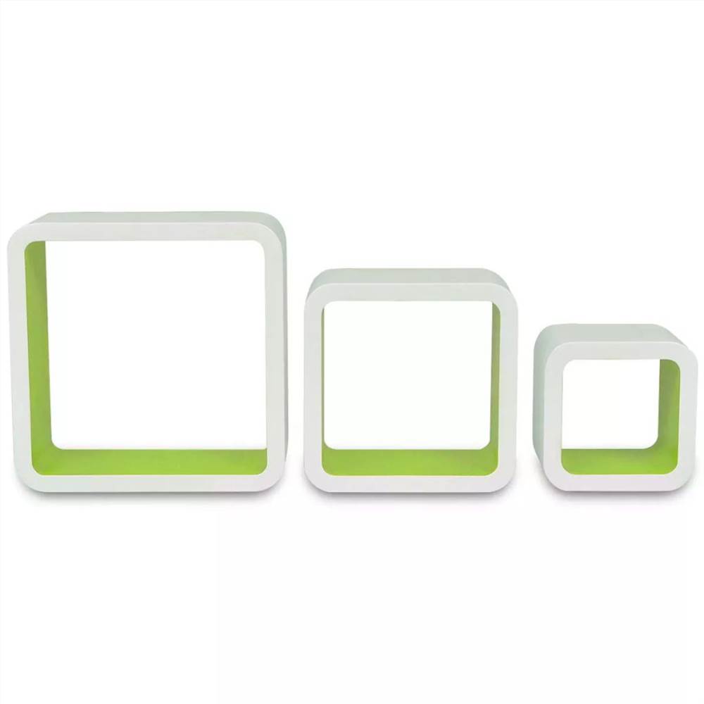 3 White-green MDF Floating Wall Display Shelf Cubes Book/DVD Storage