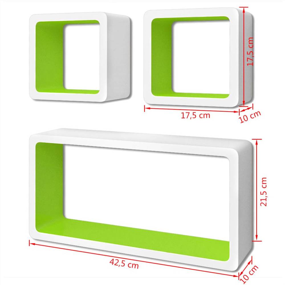 3 White-green MDF Floating Wall Display Shelf Cubes Book/DVD Storage