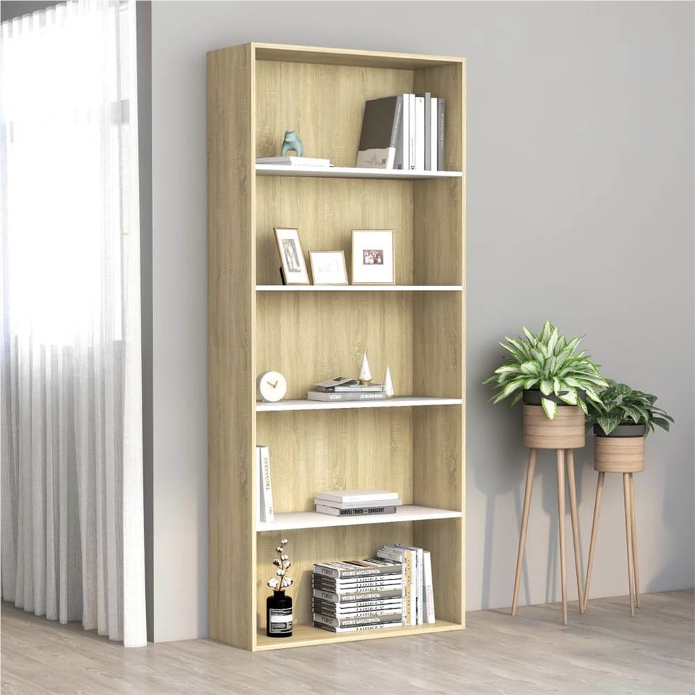 

5-Tier Book Cabinet White and Sonoma Oak 80x30x189 cm Chipboard