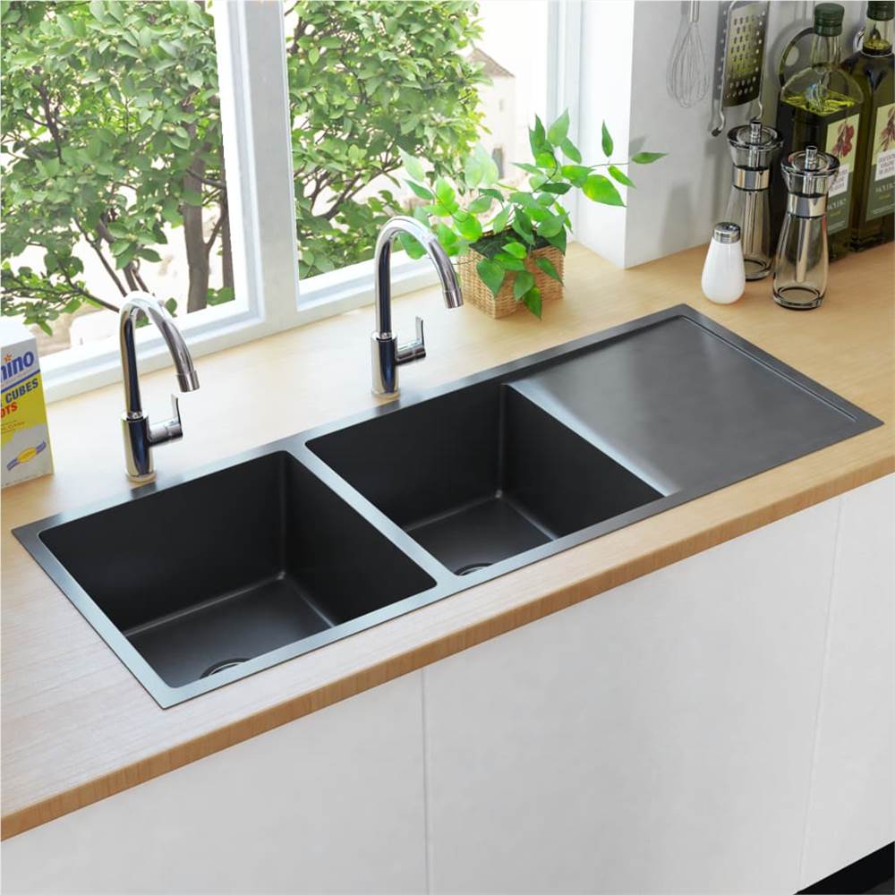 Handmade Kitchen Sink With Strainer Black Stainless Steel