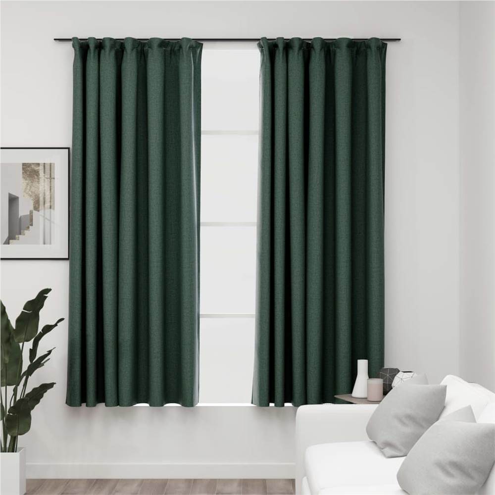 

Linen-Look Blackout Curtains with Hooks 2 pcs Green 140x175 cm