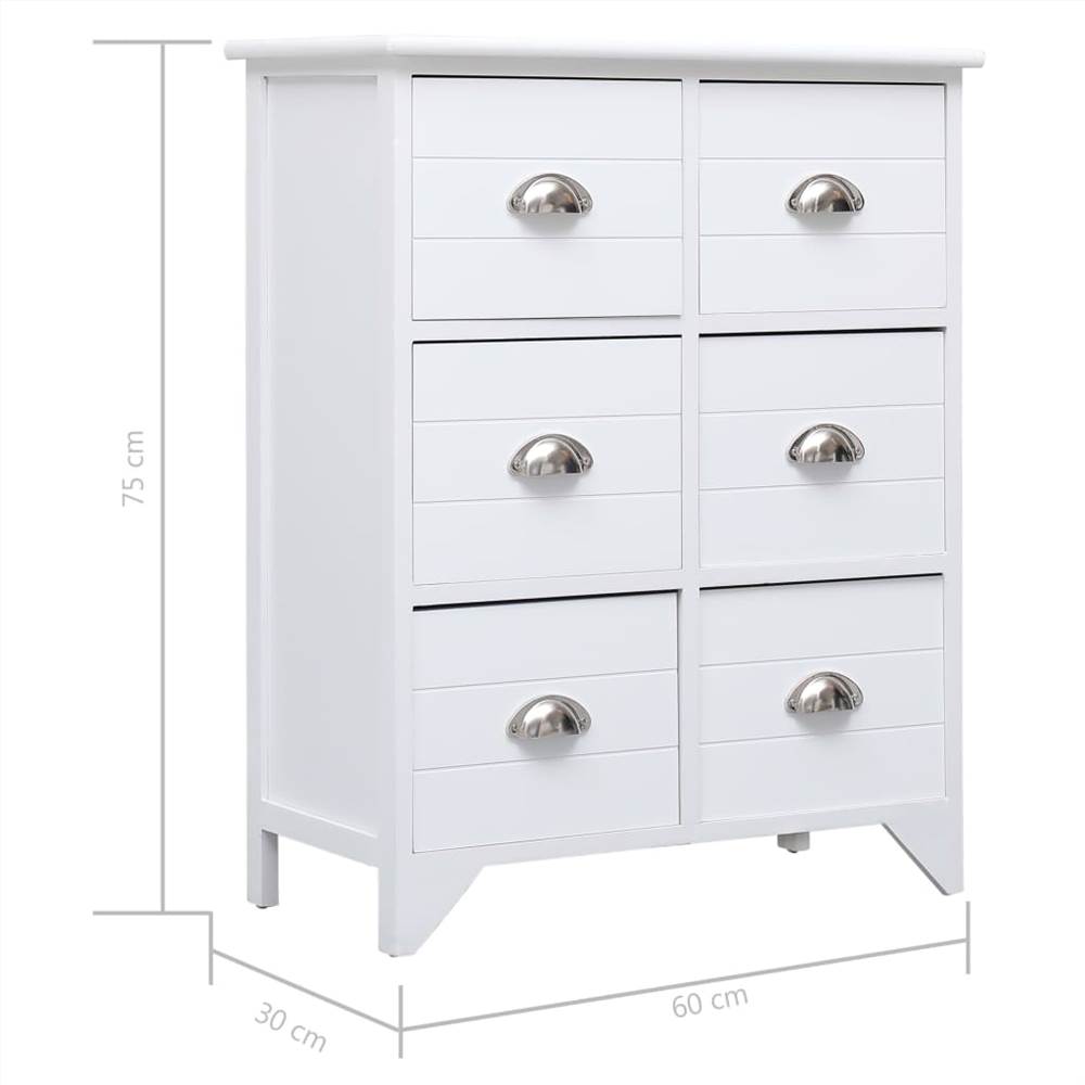 Side Cabinet with 6 Drawers White 60x30x75 cm Paulownia Wood
