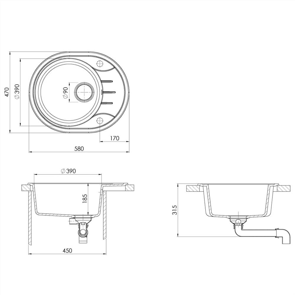 Kitchen Sink with Overflow Hole Oval Grey Granite