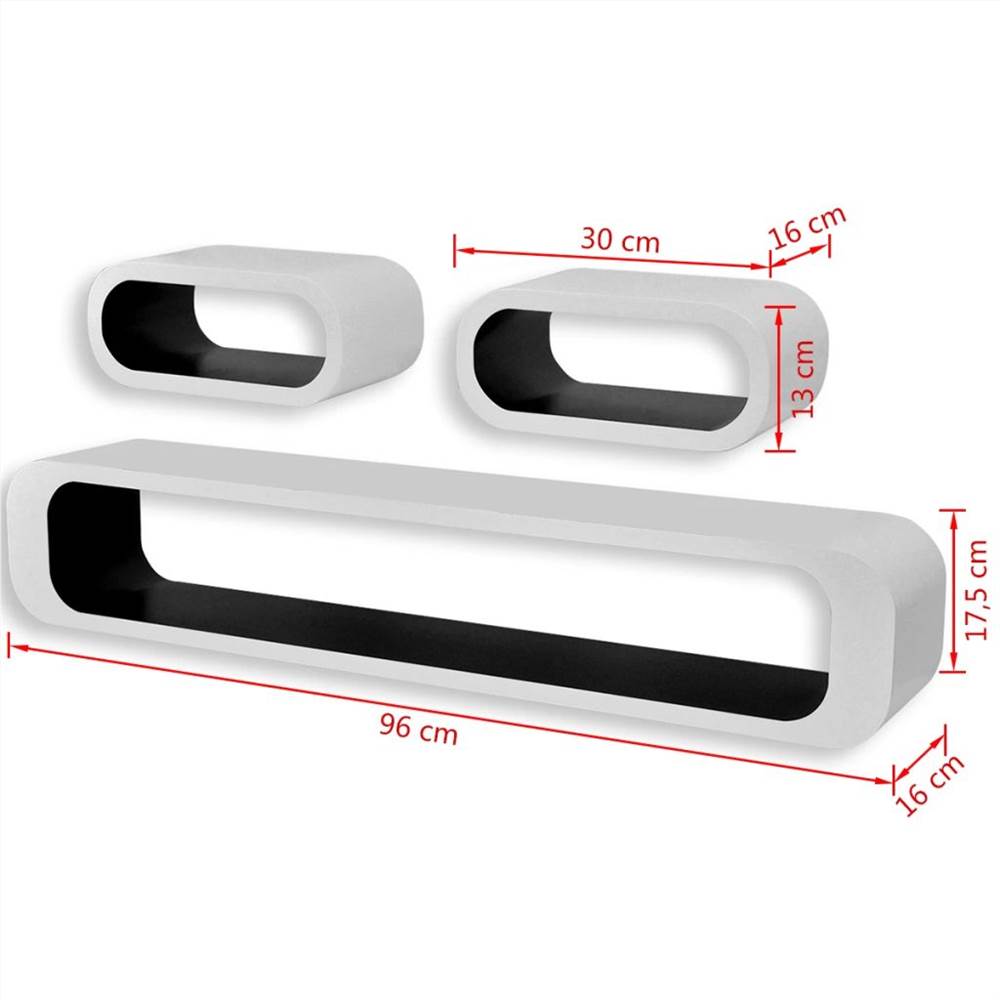 3 White-black MDF Floating Wall Display Shelf Cubes Book/DVD Storage