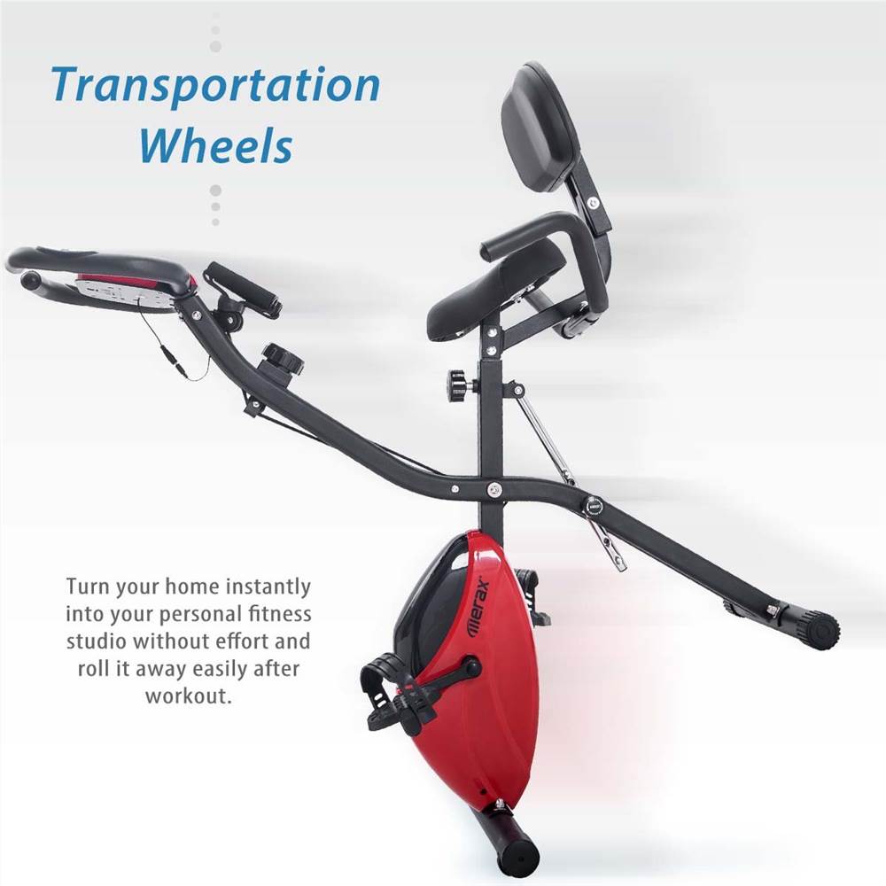 Folding Exercise Bike, Fitness Upright and Recumbent X-Bike with 10-Level Adjustable Resistance, Arm Bands and Backrest