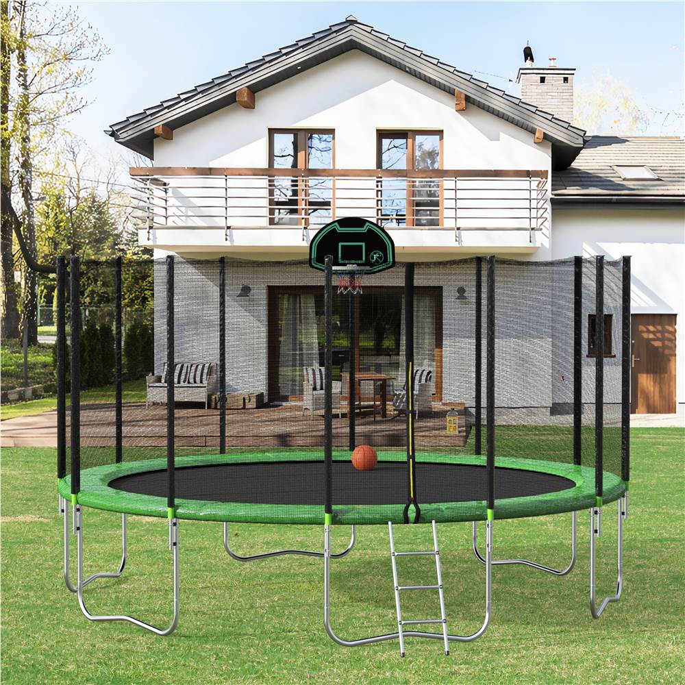

16FT Trampoline with Safety Enclosure Net & Ladder, Spring Cover Padding, Basketball Hoop - Green