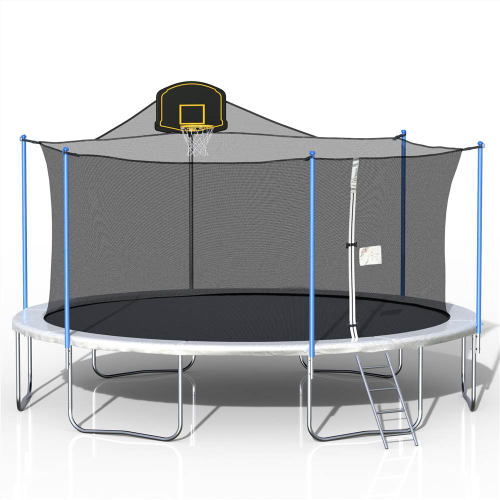 

16FT Trampoline with 360-degree Safety Net, Ladder and Basketball Hook - Blue