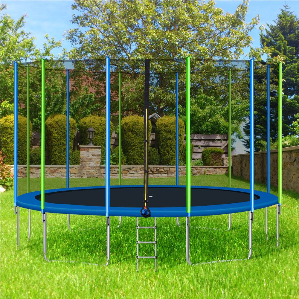 16FT Trampoline For Kids With Safety Enclosure Net, Ladder And 12 Wind Stakes, Round Outdoor Recreational Trampoline - Blue 18 16FT Trampoline for Kids with Safety Enclosure Net, Ladder and 12 Wind Stakes, Round Outdoor Recreational Trampoline