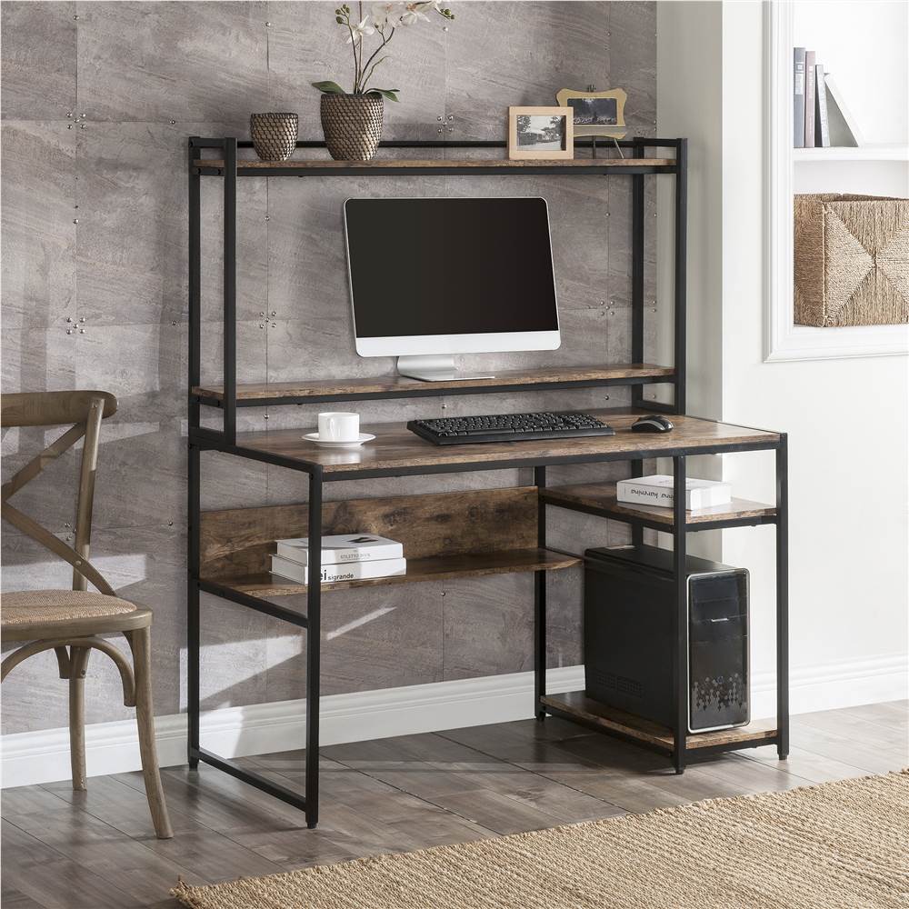 Компьютерный стол для домашнего офиса с книжной полкой, съемной подставкой для дисплея и кронштейном для процессора - коричневый