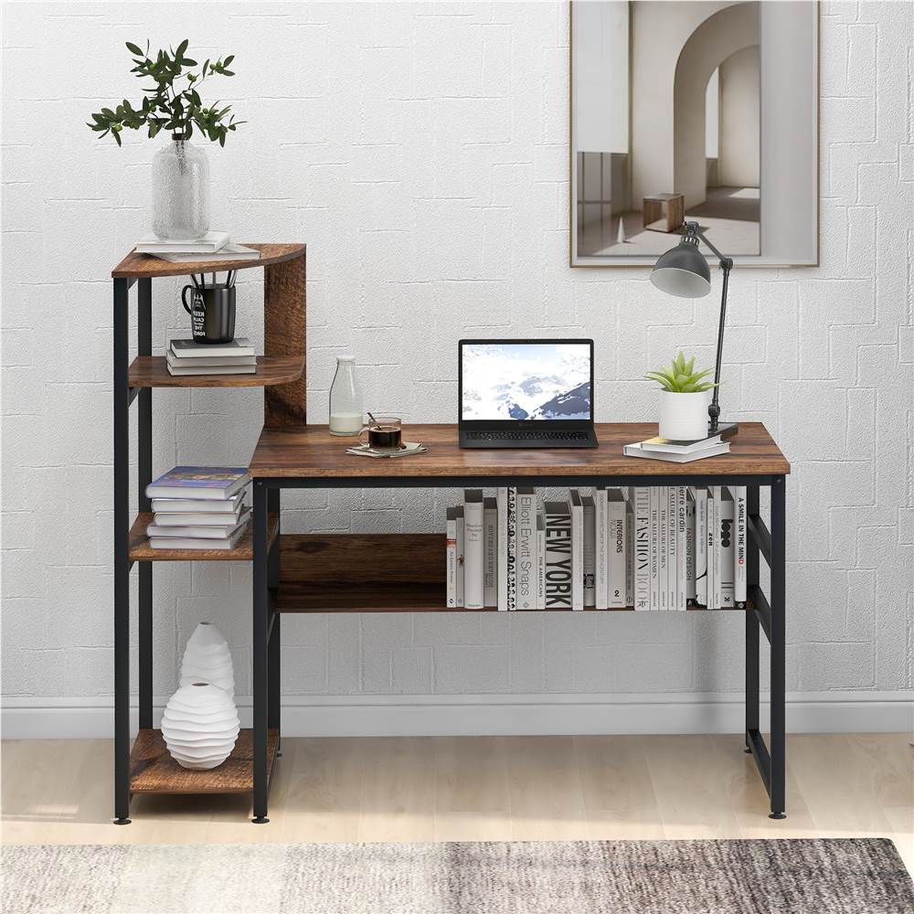 

Home Office 59" Computer Desk with Four-layer Shelf and Open Bottom Bookshelf - Brown