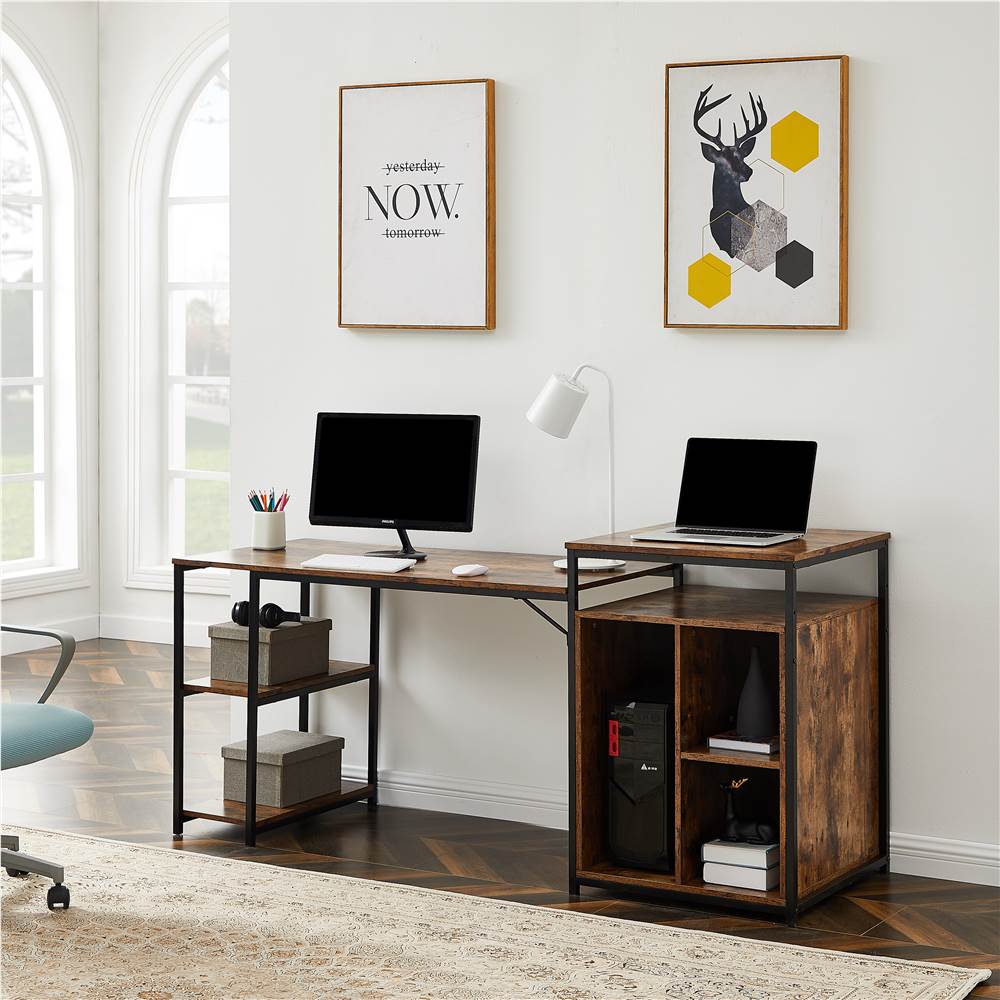 Home Office Computer Desk with 2-layer Storage Shelf & CPU Storage Space - Brown