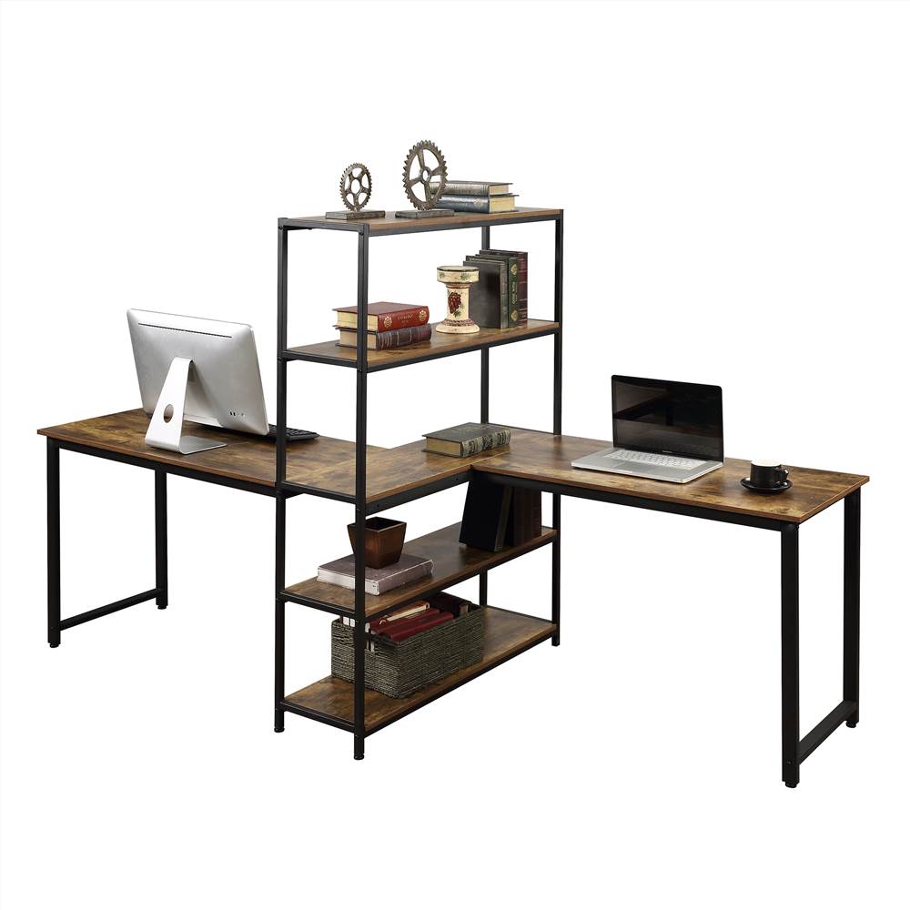 Home Office Two Person Computer Desk with Four-layer Shelf - Brown