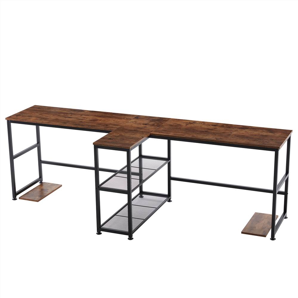 Home Office Dual Person Computer Desk with 2-layer Shelf Brown