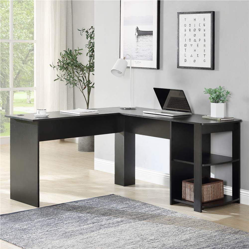

Home office L-Shaped Corner Computer Desk with Two-layer Shelf and Wire Management Grommet - Black