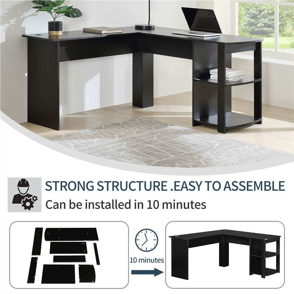 Home office L-Shaped Corner Computer Desk/ Study Workstation Furniture with 2 Open Storage Bookshelves /NO tool assemble required(Black)
