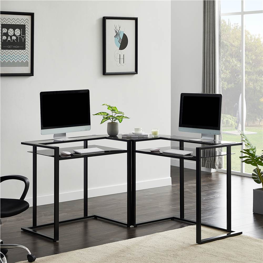 Home Office 56 "L-förmiger runder Eckglas-Computertisch mit Regal - Schwarz