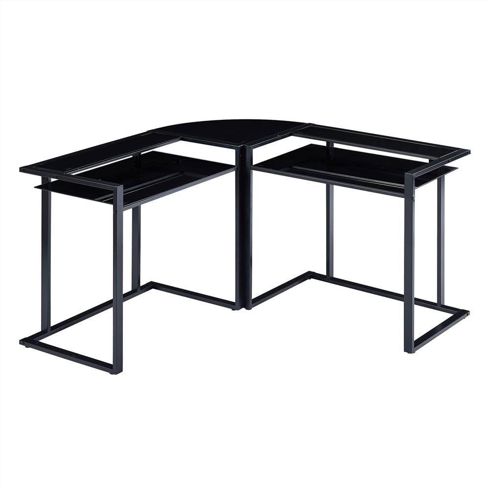 L-Shaped Glass Desk, 56’’ Home Office Computer Desk with Shelf, Round Corner Glass Workstation Desk, Black