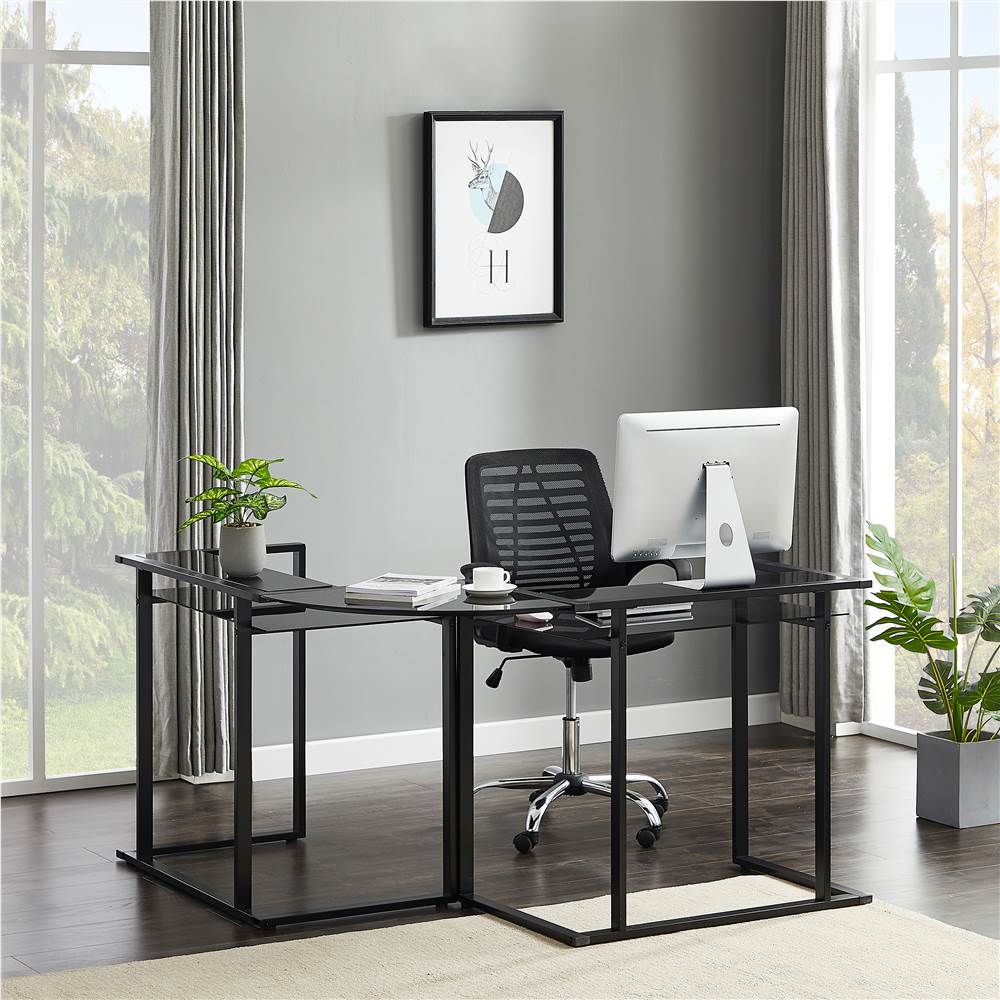 L-Shaped Glass Desk, 56’’ Home Office Computer Desk with Shelf, Round Corner Glass Workstation Desk, Black