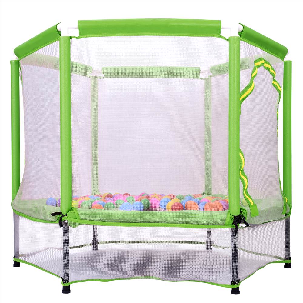55" Toddlers Trampoline With Safety Enclosure Net And Ocean Balls, Indoor Outdoor Mini Trampoline For Kids - Green 14 MS197020AAF