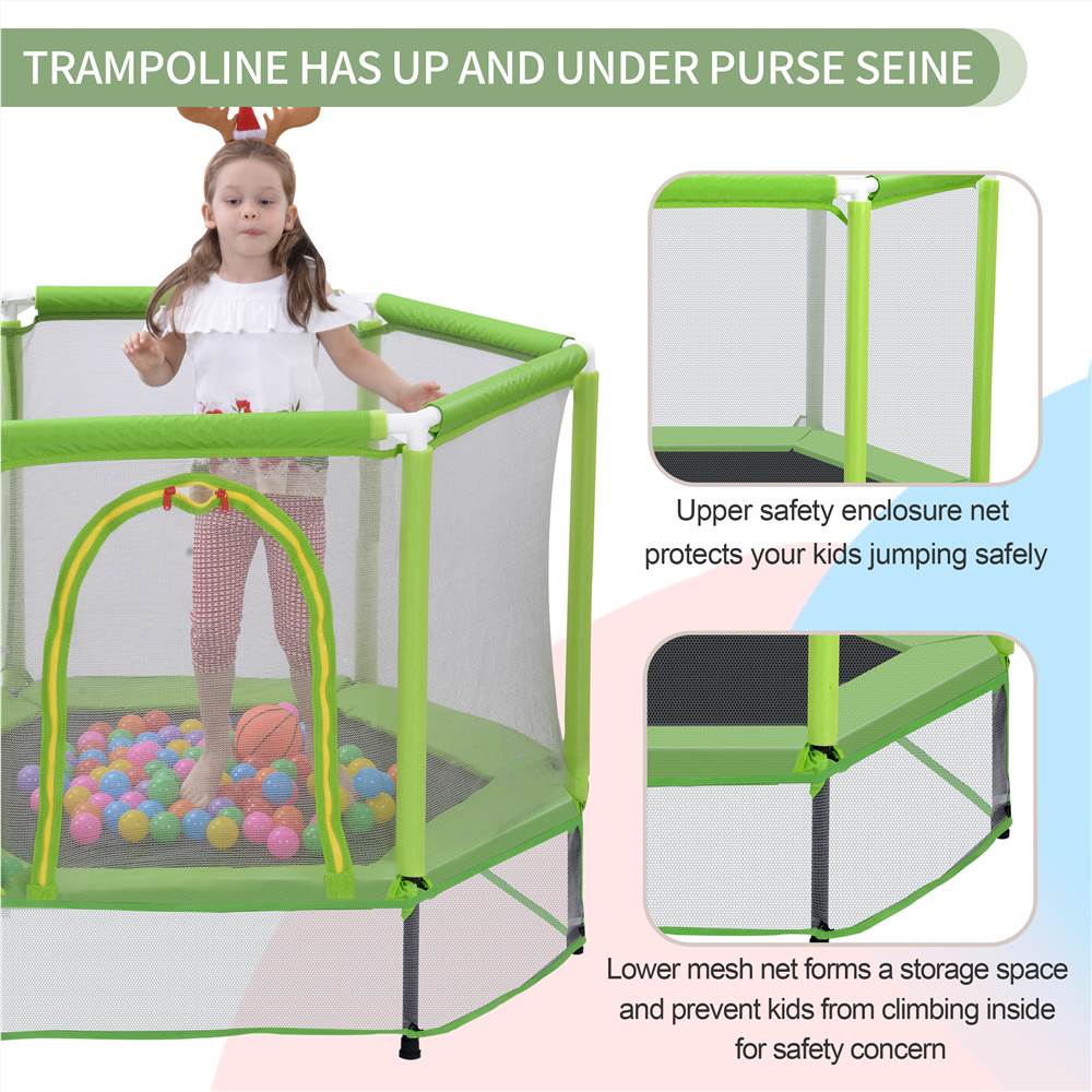 55" Toddlers Trampoline With Safety Enclosure Net And Ocean Balls, Indoor Outdoor Mini Trampoline For Kids - Green 16 MS197020AAF