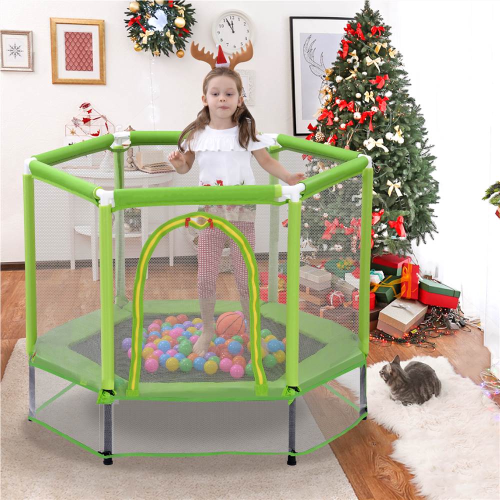 55" Toddlers Trampoline With Safety Enclosure Net And Ocean Balls, Indoor Outdoor Mini Trampoline For Kids - Green 18 MS197020AAF
