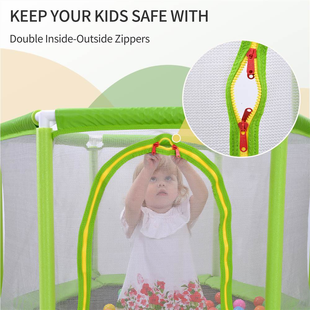 55" Toddlers Trampoline With Safety Enclosure Net And Ocean Balls, Indoor Outdoor Mini Trampoline For Kids - Green 21 MS197020AAF
