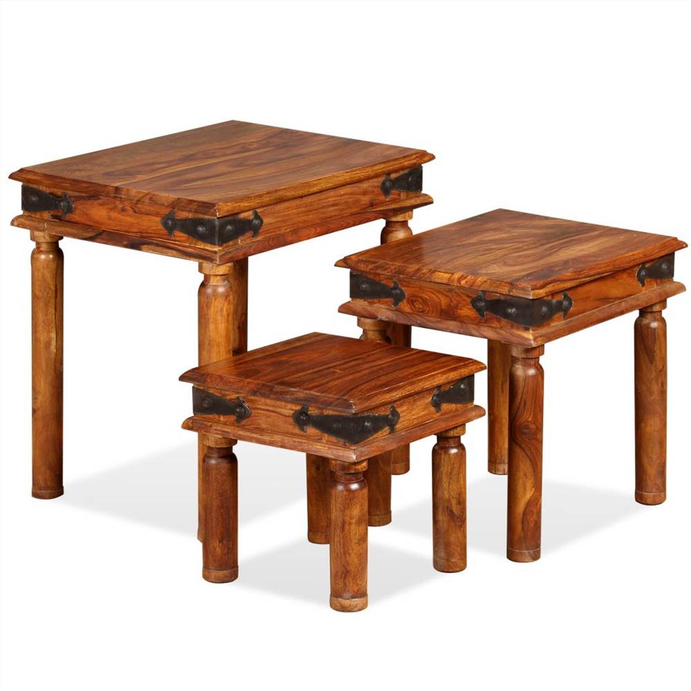 Nesting Table Set 3 Pieces Solid Sheesham Wood Brown