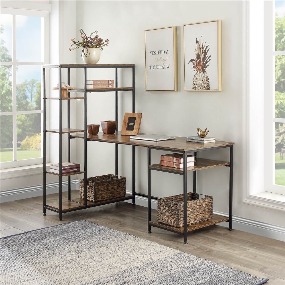 Office Computer desk with multiple storage shelves, Modern Large Office Desk with Bookshelf and storage space(Brown)