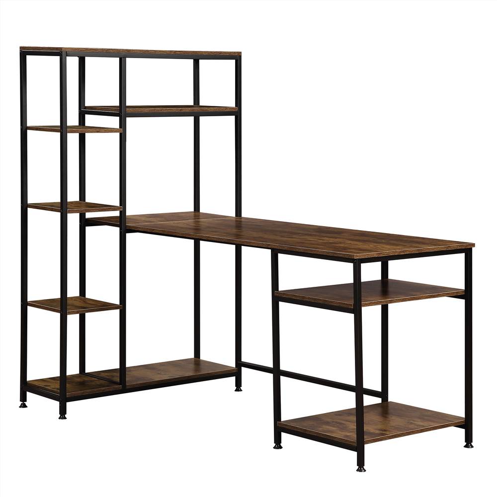 Office Computer desk with multiple storage shelves, Modern Large Office Desk with Bookshelf and storage space(Brown)