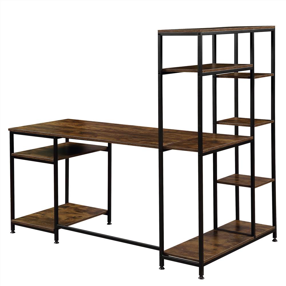 Office Computer desk with multiple storage shelves, Modern Large Office Desk with Bookshelf and storage space(Brown)