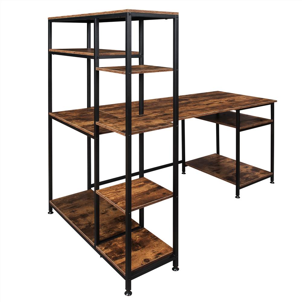 Office Computer desk with multiple storage shelves, Modern Large Office Desk with Bookshelf and storage space(Brown)