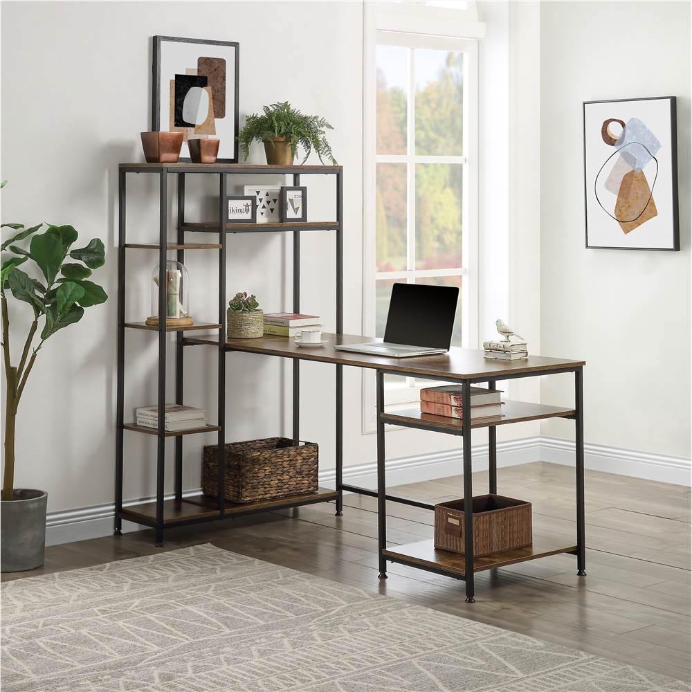 Office Computer desk with multiple storage shelves, Modern Large Office Desk with Bookshelf and storage space(Brown)