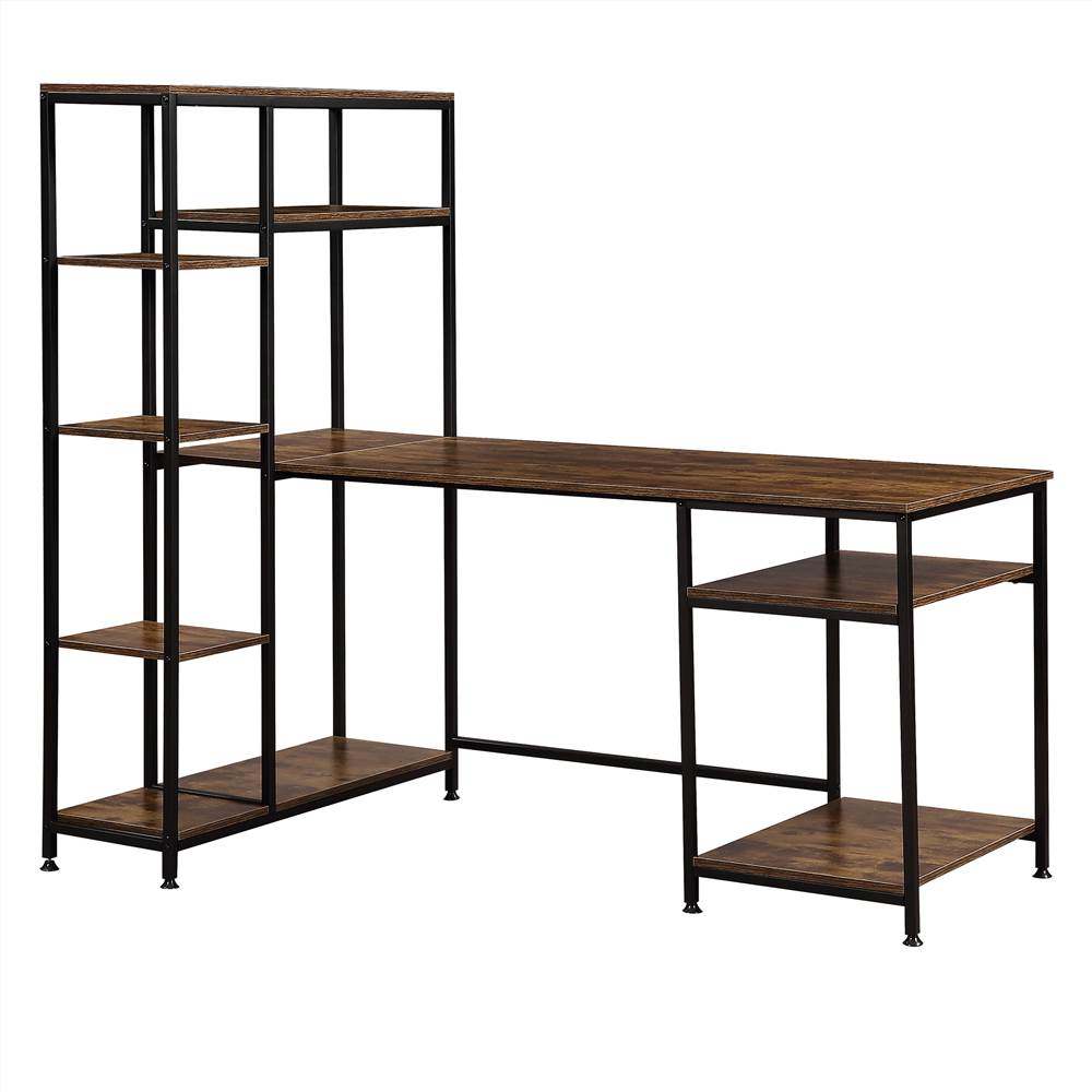 Office Computer desk with multiple storage shelves, Modern Large Office Desk with Bookshelf and storage space(Brown)